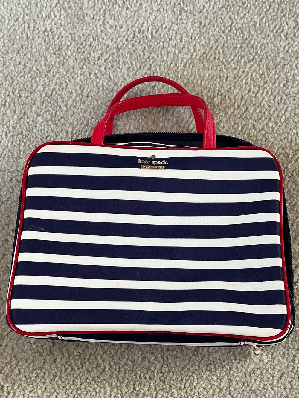 kate spade Navy and White Striped Cosmetic Case with Red Trim